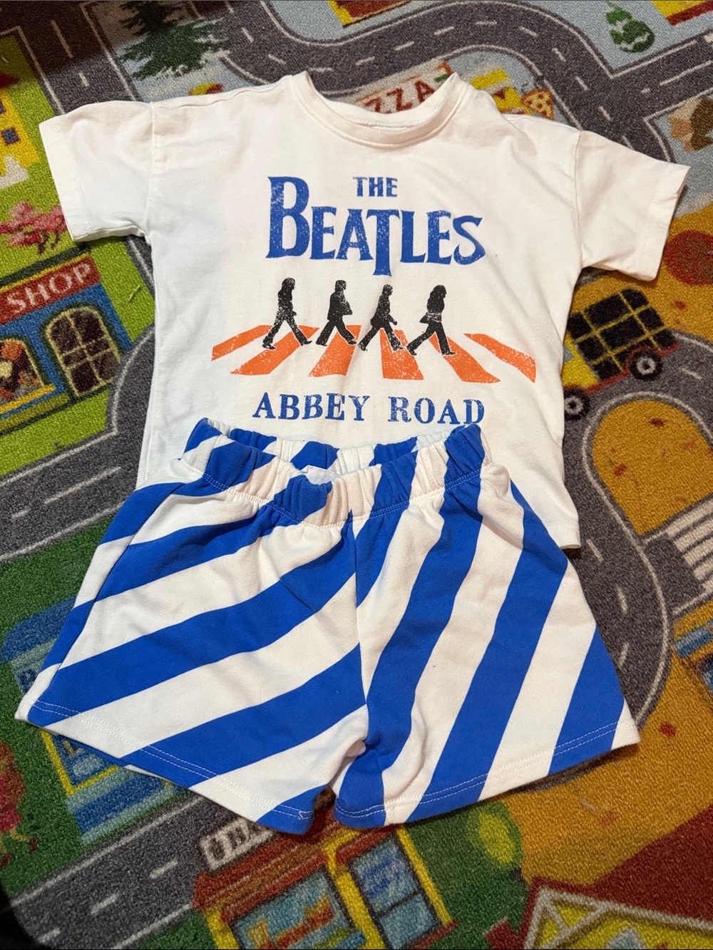 The Beatles White Tee with Blue Striped Shorts